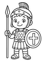 Naklejka premium Courageous Roman Soldier : A brave soldier in full armor stands ready, his shield emblazoned with a cross, spear poised, epitomizing the strength of ancient Rome.