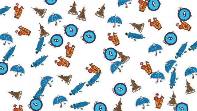 Fun and colorful seamless pattern featuring various travel and leisure themed doodles like umbrellas, compasses, cocktails, and pagodas scattered on a clean white background, perfect for textiles or d