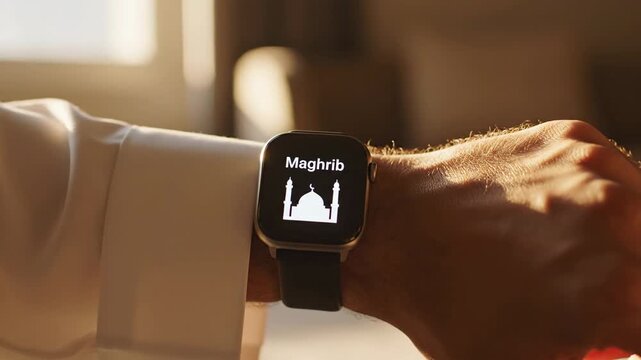 Warm close-up of a smartwatch displaying the maghrib adhan notification for a muslim praying indoors.