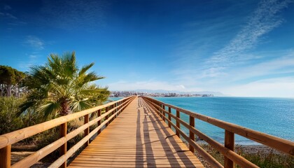 wooden bridge on palms and sea background costa del sol malaga spain