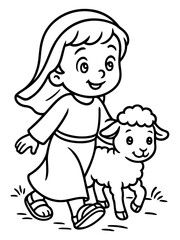 Obraz premium Girl and Lamb Illustration: A heartwarming illustration of a young girl and a fluffy lamb depicts themes of innocence, tenderness, and companionship, with a focus on simplicity. 