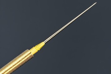 Fototapeta premium Close up of a sharp metal needle with golden handle
