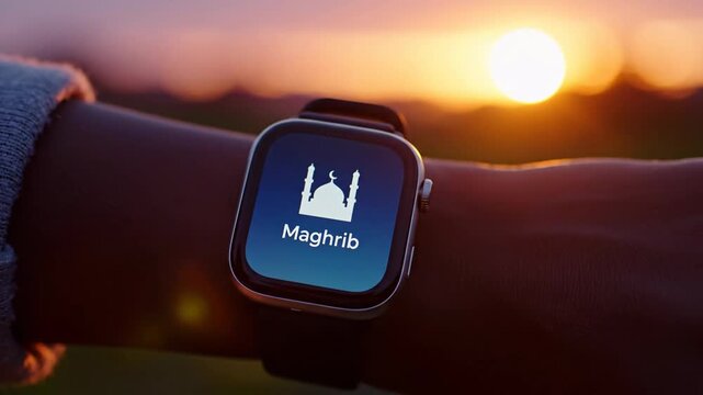 A close-up, backlit shot captures a smartwatch displaying the maghrib adhan during a warm, golden sunset outdoors.