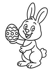 Easter Bunny with egg: An adorable Easter Bunny, with perky ears and a beaming smile, gently holds a decorated egg, embodies the joy and anticipation of the spring holiday.