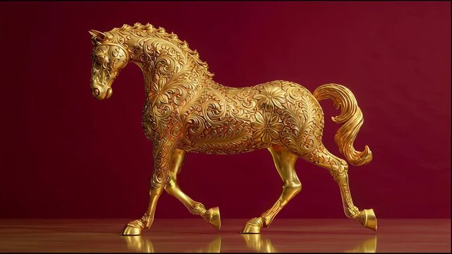 Luxurious Golden Ornate Horse Sculpture with Intricate Engravings Panning Slowly Against Rich Red Background