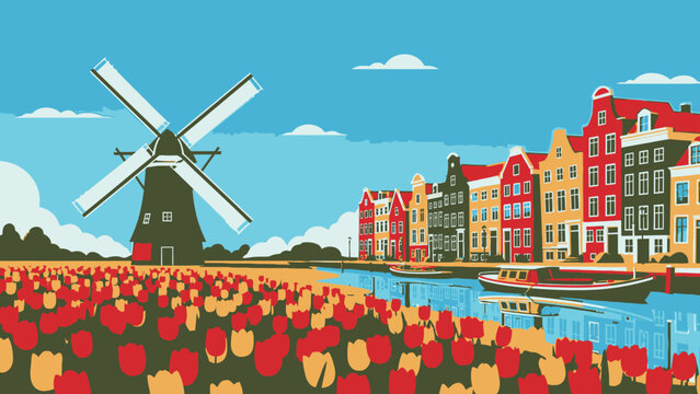 Vibrant Dutch Landscape: Windmill, Tulips, and Colorful Canalside Houses in Amsterdam