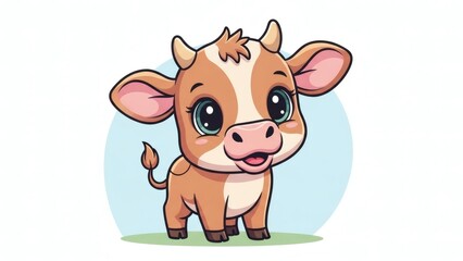 Cute Brown Baby Cow Cartoon Character Standing on Grass Illustration