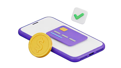 3D Render: Mobile Payment with Credit Card, Coin, and Checkmark