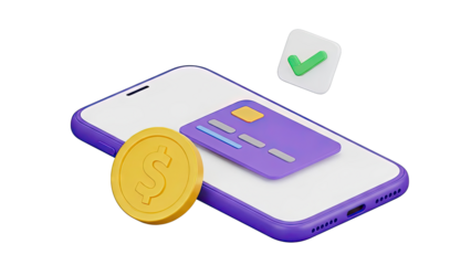 3D Render: Mobile Payment with Credit Card, Coin, and Checkmark