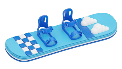 Stylized Snowboard with Blue Bindings and Cloud Accents