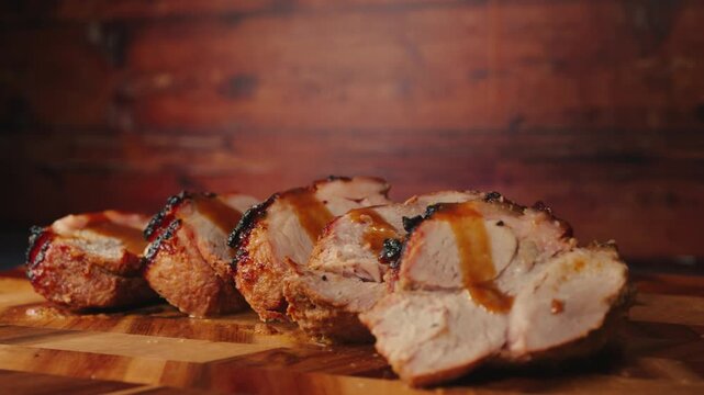 Video of rich gravy being poured over sliced roasted pork on a wooden board. Steaming, juicy meat with glossy sauce. Perfect for food content and recipe tutorials.