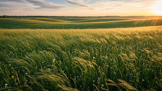 Golden hour radiance washes over a boundless green field, with gentle wind rustling through the crops under a serene and colorful sunset sky, evoking natural beauty