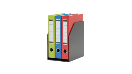Three colorful binders in a black desk organizer