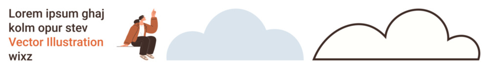 Education, creativity, relaxation, work, cloud computing, technology. Sitting person and two cloud graphics one outlined and one filled. Relaxation and creativity concept © robu_s