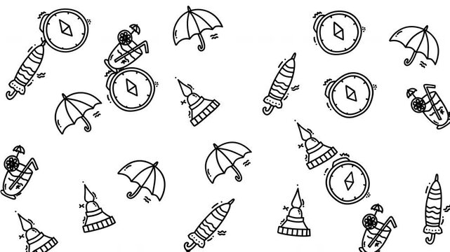 Seamless pattern travel and vacation doodles including compasses, umbrellas, cocktails, and pagodas in a simple line art style on a white background, perfect for backgrounds or textile