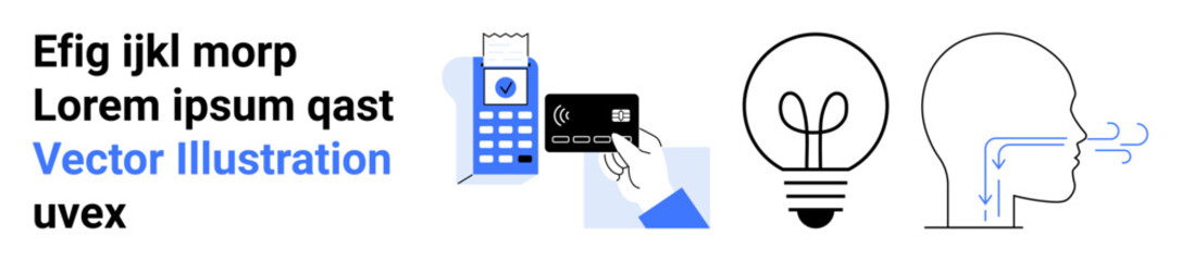 Digital payments, modern innovation, creativity concepts, technology interfaces, human ideas, and brainstorming. Hand holding a card, light bulb human head and breath visualization. Digital payments © robu_s