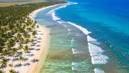 tropical coastline with scattered coconut palm trees lining white sandy beach and turquoise ocean water, bright sunlight