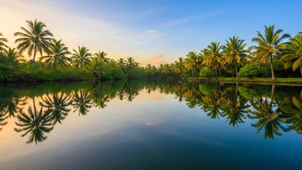 Poster Reflectie coconut palm trees reflected on calm lagoon water, mirror like reflection, lush green foliage  © Whisnu