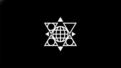 Geometric symbol with globe on black background for global concepts