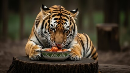 tiger eating meatball in a forest