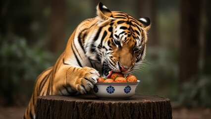 tiger eating meatball in a forest