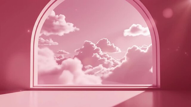 A serene, abstract scene features a graceful arched doorway opening to a dreamlike pastel pink sky filled with soft, volumetric clouds. The monochromatic interior, with its clean lines and subtle shad