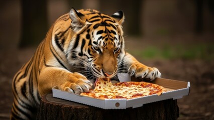 tiger eating pizza in a forest
