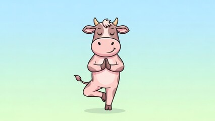 Cute Cow Cartoon Character Practicing Yoga Zen Meditation Pose
