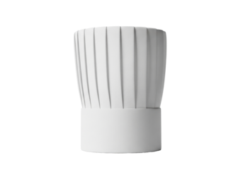 A professional, perfectly white chef's hat with sharp pleats, high-quality fabric, isolated on a pristine transparent studio background with copy space, symbol of culinary professionalism