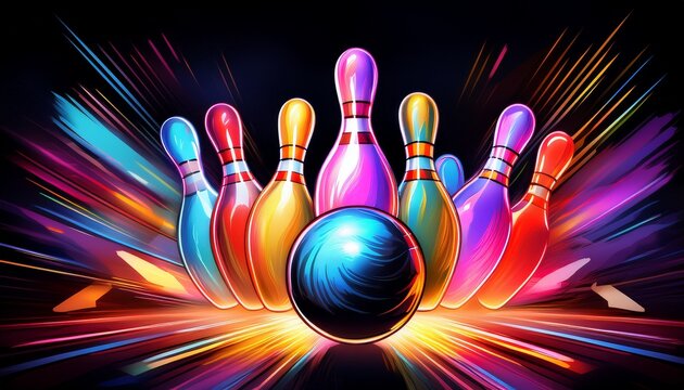 neon bowling ball strikes down pins in vibrant motion on black background