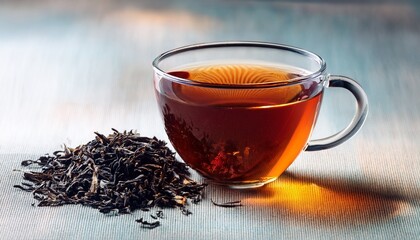 black tea in a clear cup with dry leaves a healthy natural beverage