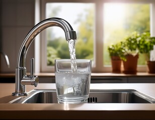 water source in the kitchen glass cup filled from tap with clean water