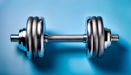 a silver dumbbell with a black grip sits on a light blue surface it s for working out and getting stronger