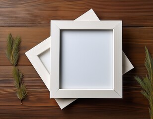two minimalist white picture frames with mats stacked on a rustic wooden table