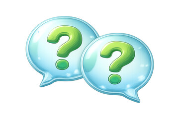 Two blue chat speech bubbles with green question marks inside, representing assistance and inquiry. Transparent background