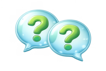 Two blue chat speech bubbles with green question marks inside, representing assistance and inquiry. Transparent background