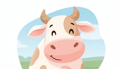 Close Up Cute Cow Cartoon Character Smiling with Happy Expression