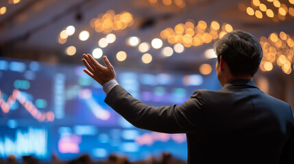 A digital screen, graphs, and charts with a manager delivering a business presentation