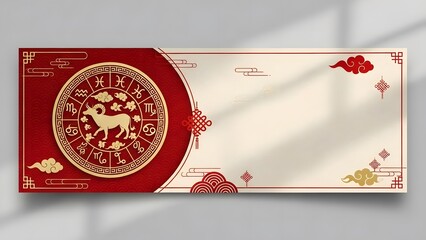Chinese New Year Zodiac Ram Red And Gold Background With Elegant Copy Space