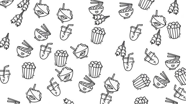 Seamless pattern with hand-drawn doodle style food and drink icons on a white background, featuring popcorn, ramen, juice, and dango, perfect for culinary-themed designs, packaging, and digital art.