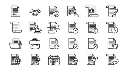 Collection of Document Icons in Black Line Style.