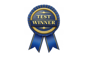 Test winner achievement award rosette with gold rim and blue ribbon, symbolizing success and excellence on transparent background