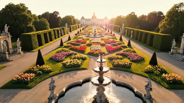Sunlit Garden with Colorful Flower Beds and Elegant Statues in a Lavish Landscape Setting