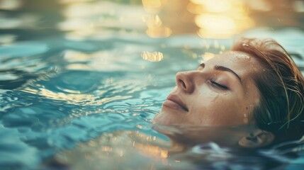 A person stares into the distance as they float in a cold pool their muscles relaxed and their mind at ease from the soothing effects of cold water therapy.