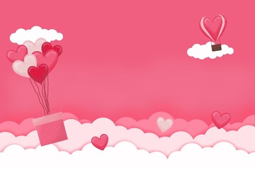 Romantic soft red background with flying gift boxes, heart balloons, and papercut cloud details.