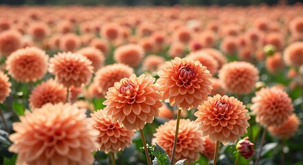 Closeup of numerous peach colored dahlia flowers in a field with pink blooms peach flowers