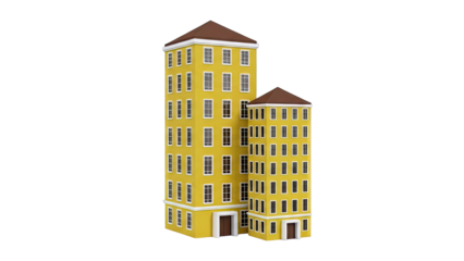 Two yellow apartment buildings with brown roofs on a white background