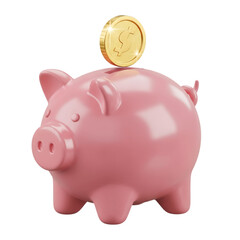 Glossy pink piggy bank with a shiny golden dollar coin being inserted into its slot, symbolizing savings, investment, and financial growth, isolated on transparent background