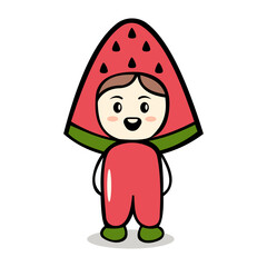 Cute child character wearing a watermelon costume, flat cartoon vector illustration isolated on white background