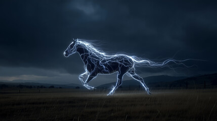 electric horse running through stormy field 